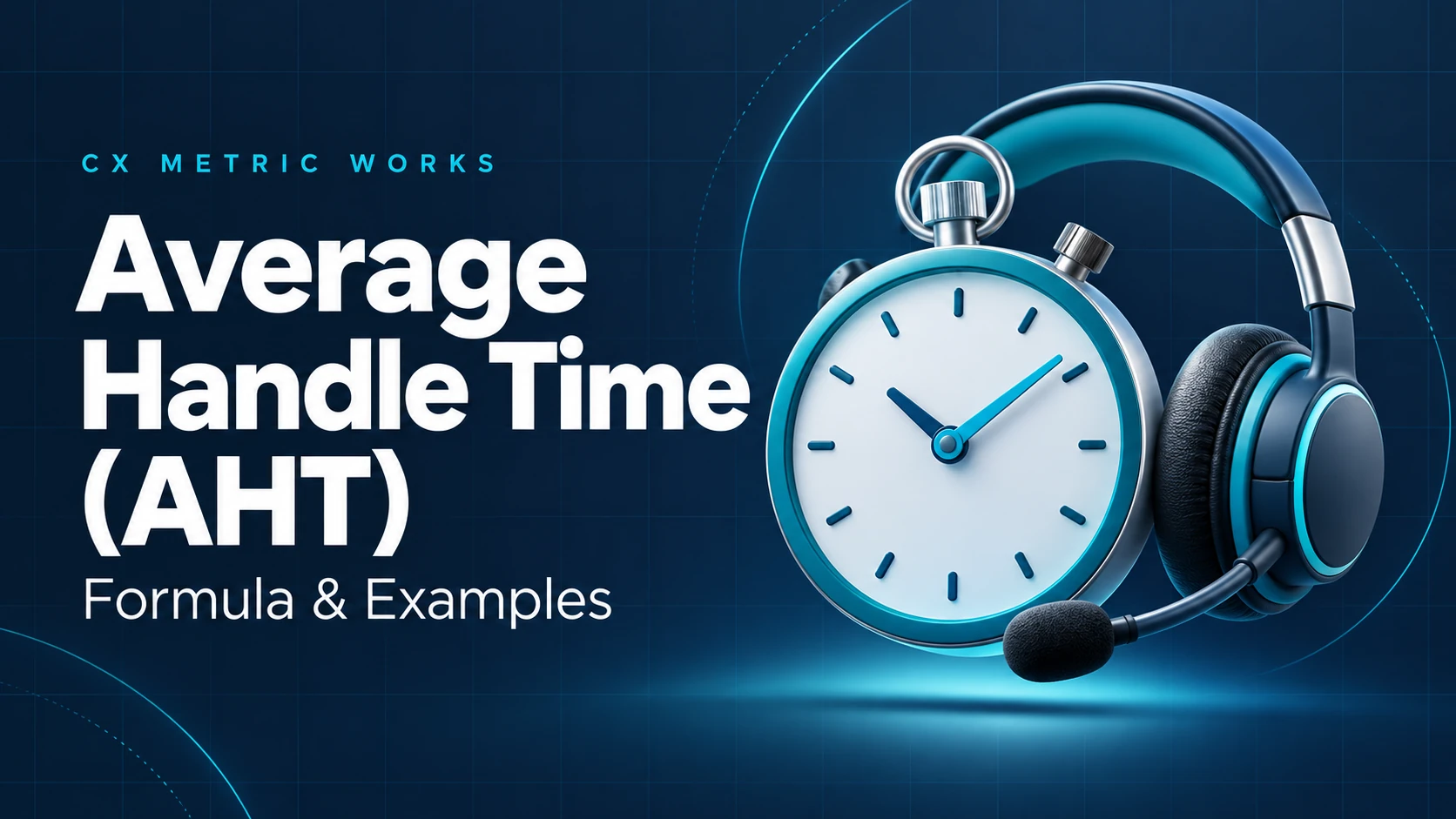 Average Handle Time (AHT), formula and examples, illustrated with a stopwatch and customer service headset
